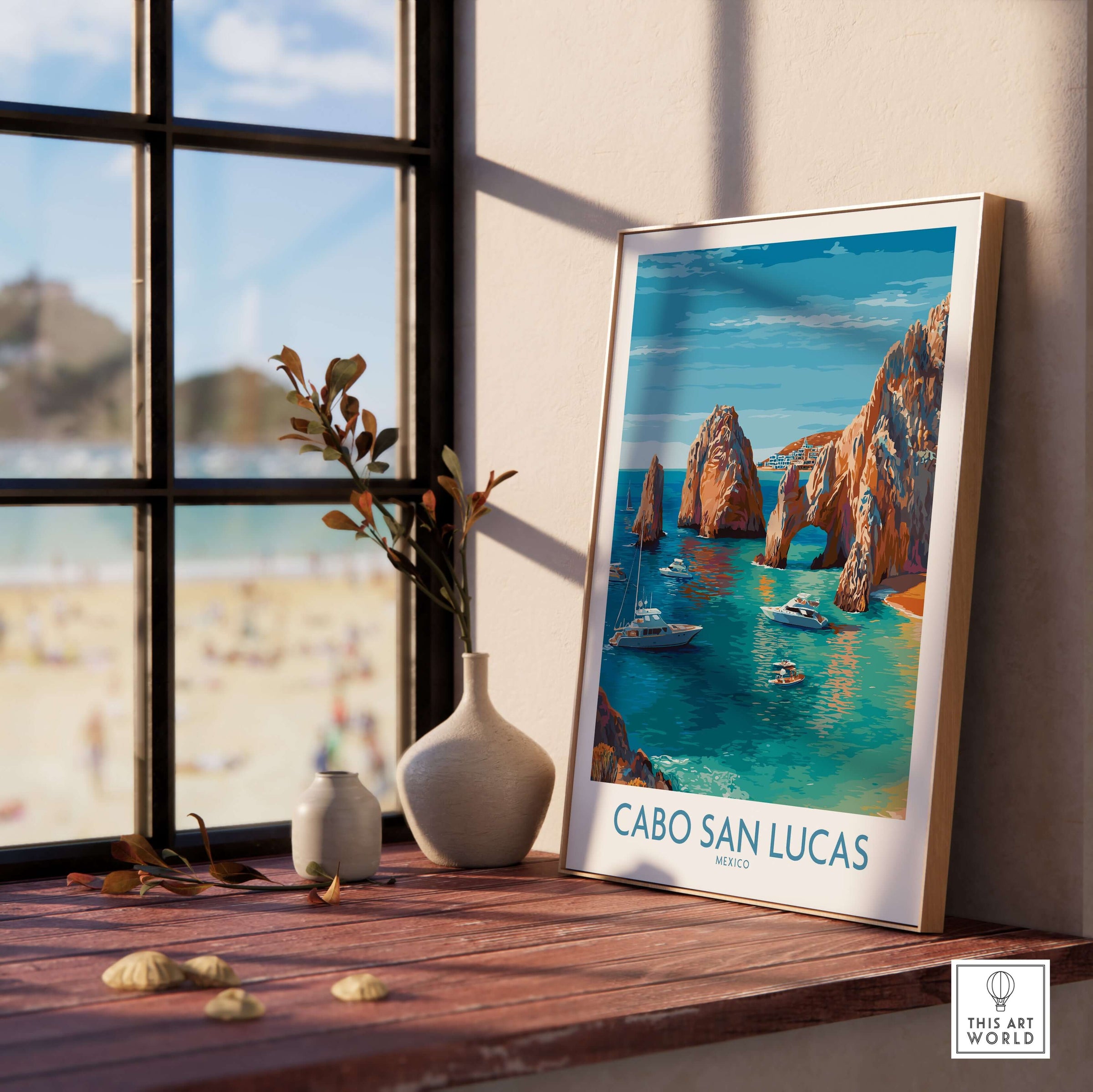 Cabo San Lucas Mexico Travel Poster El Arco Boats Turquoise Water Print Wall Art displayed indoors with natural light