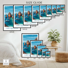 Cabo San Lucas Mexico Travel Poster El Arco Boats Turquoise Water Print Wall Art size guide display with various frame options.