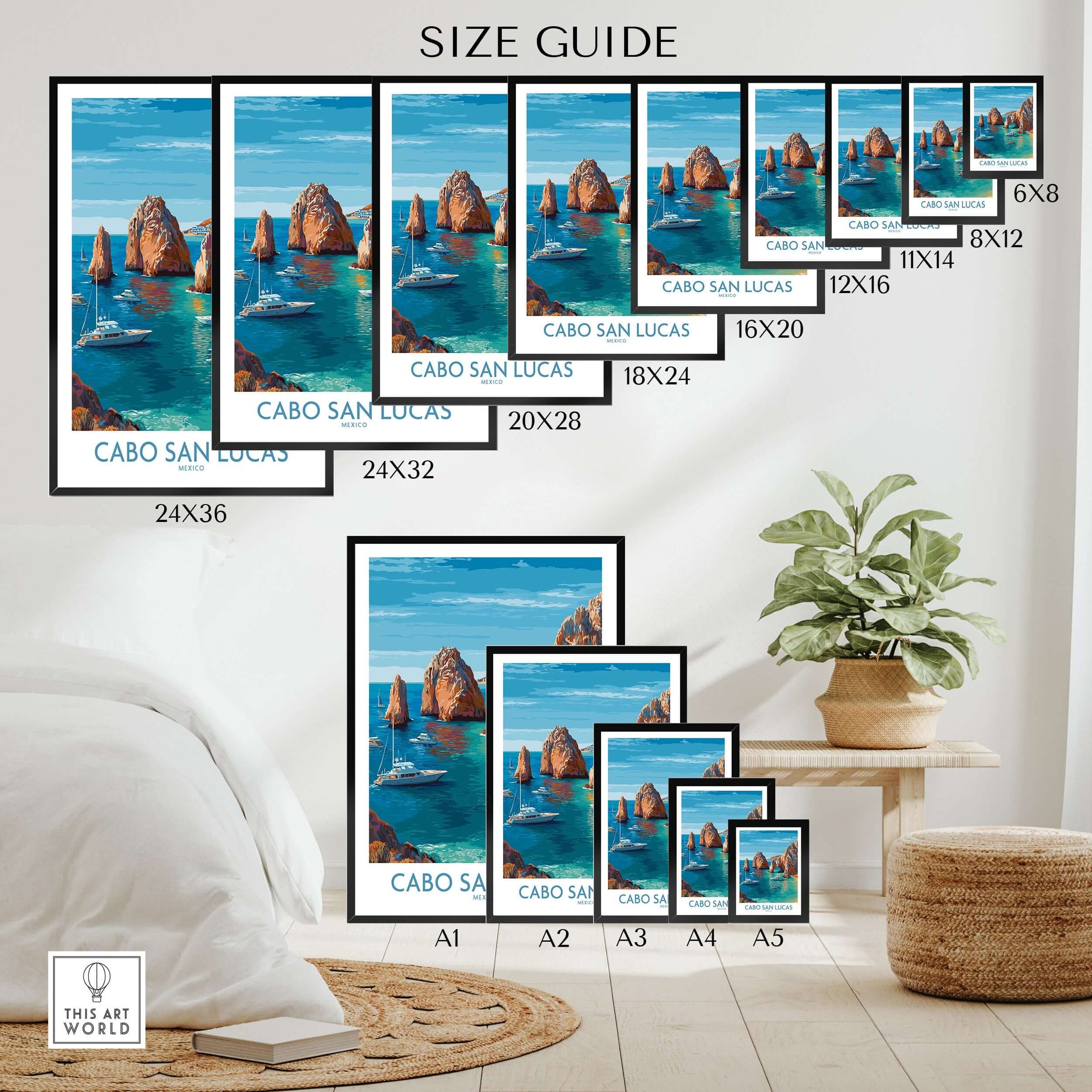 Cabo San Lucas Mexico Travel Poster El Arco Boats Turquoise Water Print Wall Art size guide display with various frame options.