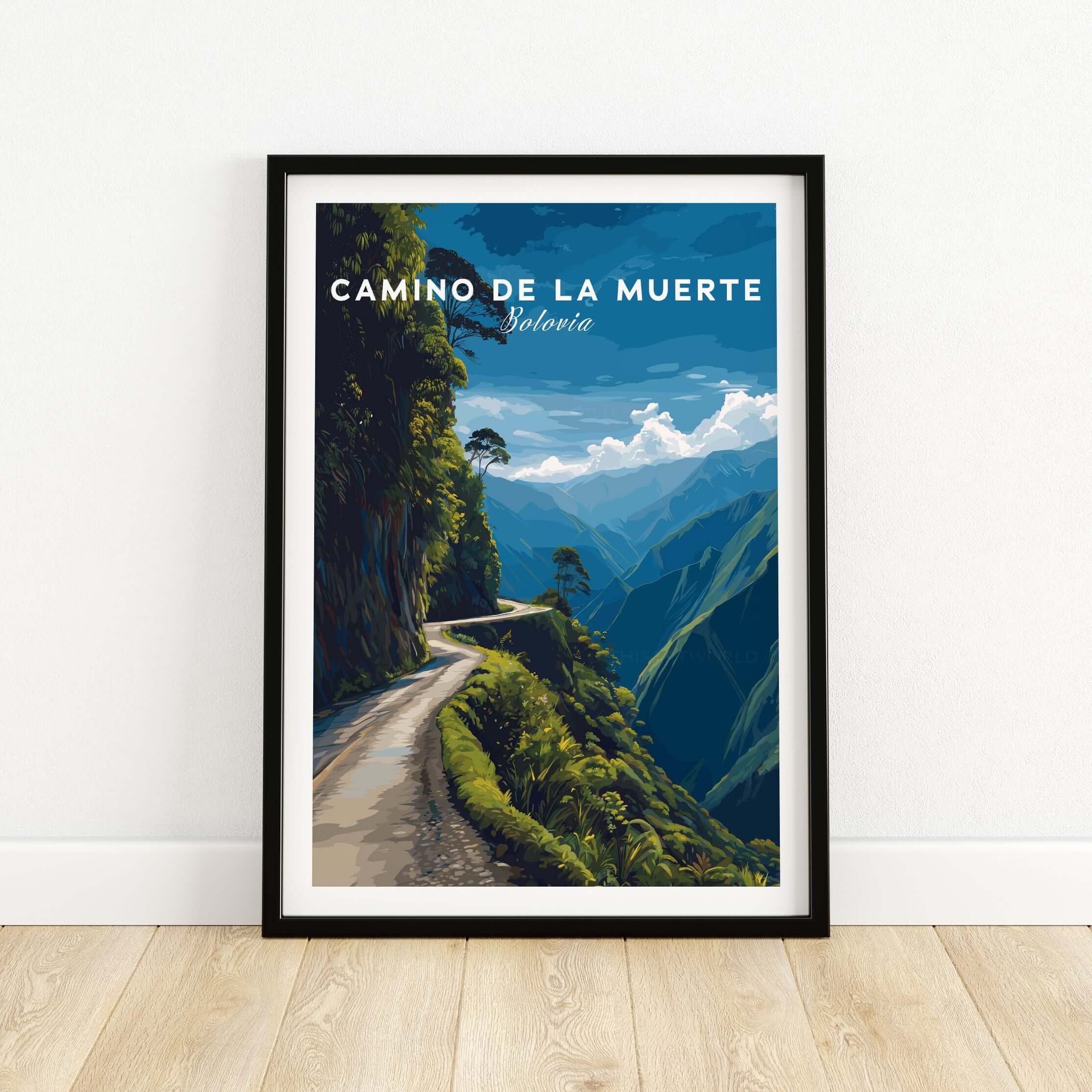 Camino de la Muerte Poster Bolivia Wall Art showcasing a scenic mountain road in Bolivia's landscapes.