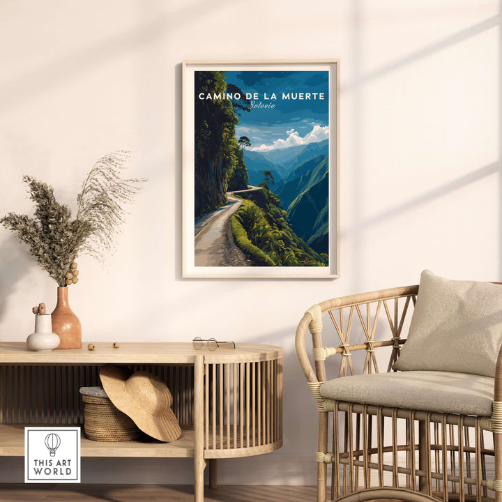 Camino de la Muerte Poster Bolivia Wall Art in a framed display in a modern living room setting.