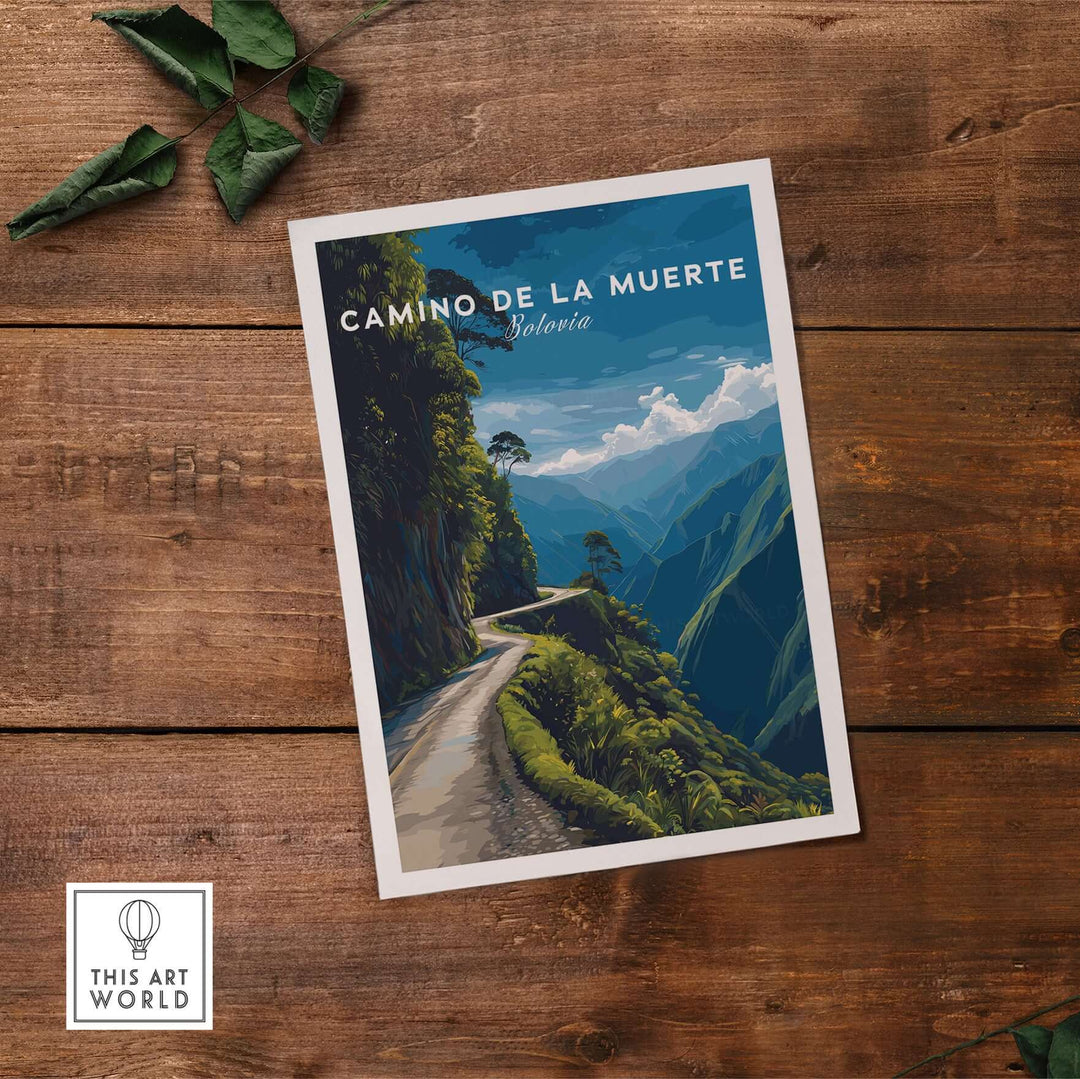 Camino de la Muerte Poster Bolivia Wall Art featuring a dramatic landscape of Bolivia's Death Road.
