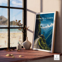 Camino de la Muerte Poster Bolivia Wall Art displayed in a stylish interior setting with a scenic view.