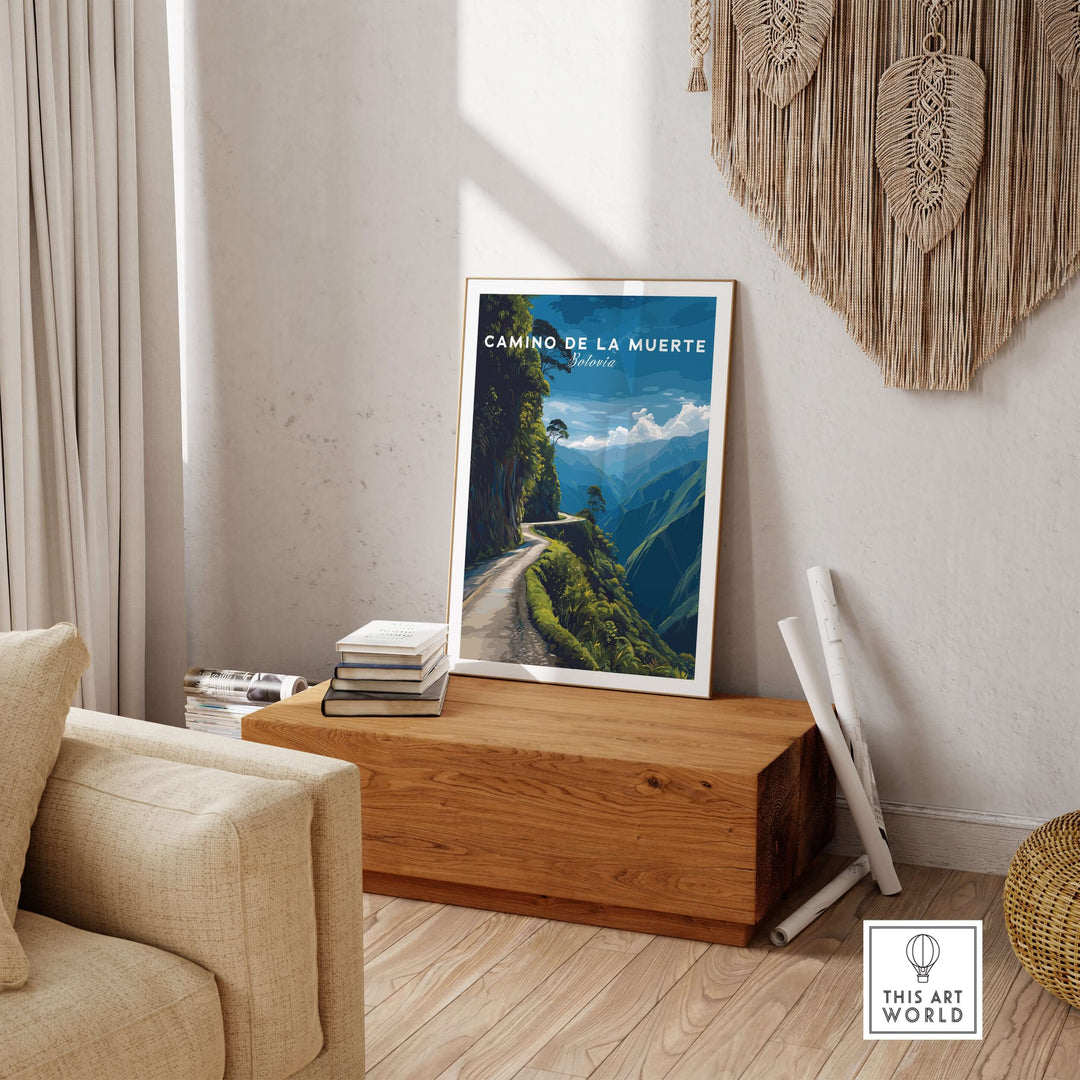 Camino de la Muerte Poster Bolivia Wall Art displayed in a stylish living room setting on a wooden table.