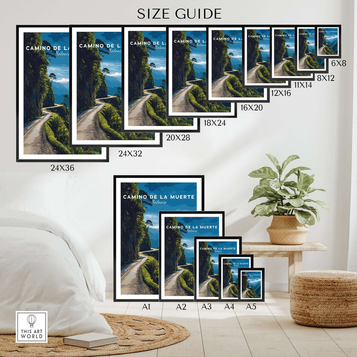 Camino de la Muerte Poster Bolivia Wall Art size guide with various dimensions and display options