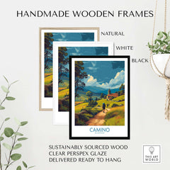 Camino de Santiago Rolling Hills Church Art Print | Green Landscape Poster framed in natural, white, and black handmade wooden frames.