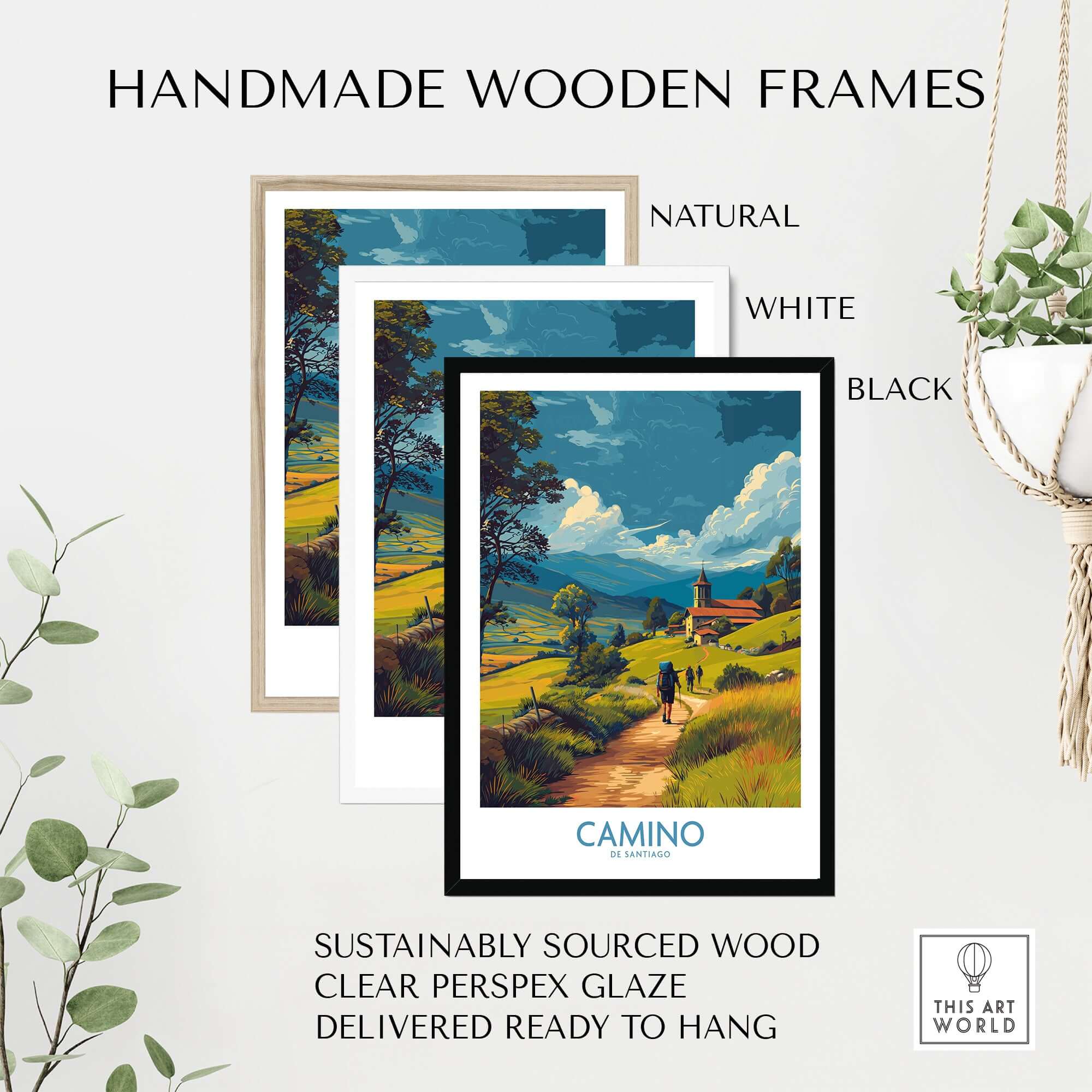 Camino de Santiago Rolling Hills Church Art Print | Green Landscape Poster framed in natural, white, and black handmade wooden frames.