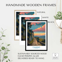 Handmade wooden frames in natural, white, and black styles for Camino de Santiago Pilgrim's Trail Art Print | Spiritual Travel Poster.