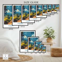 Camino de Santiago Rolling Hills Church Art Print | Green Landscape Poster size guide with various frame dimensions.