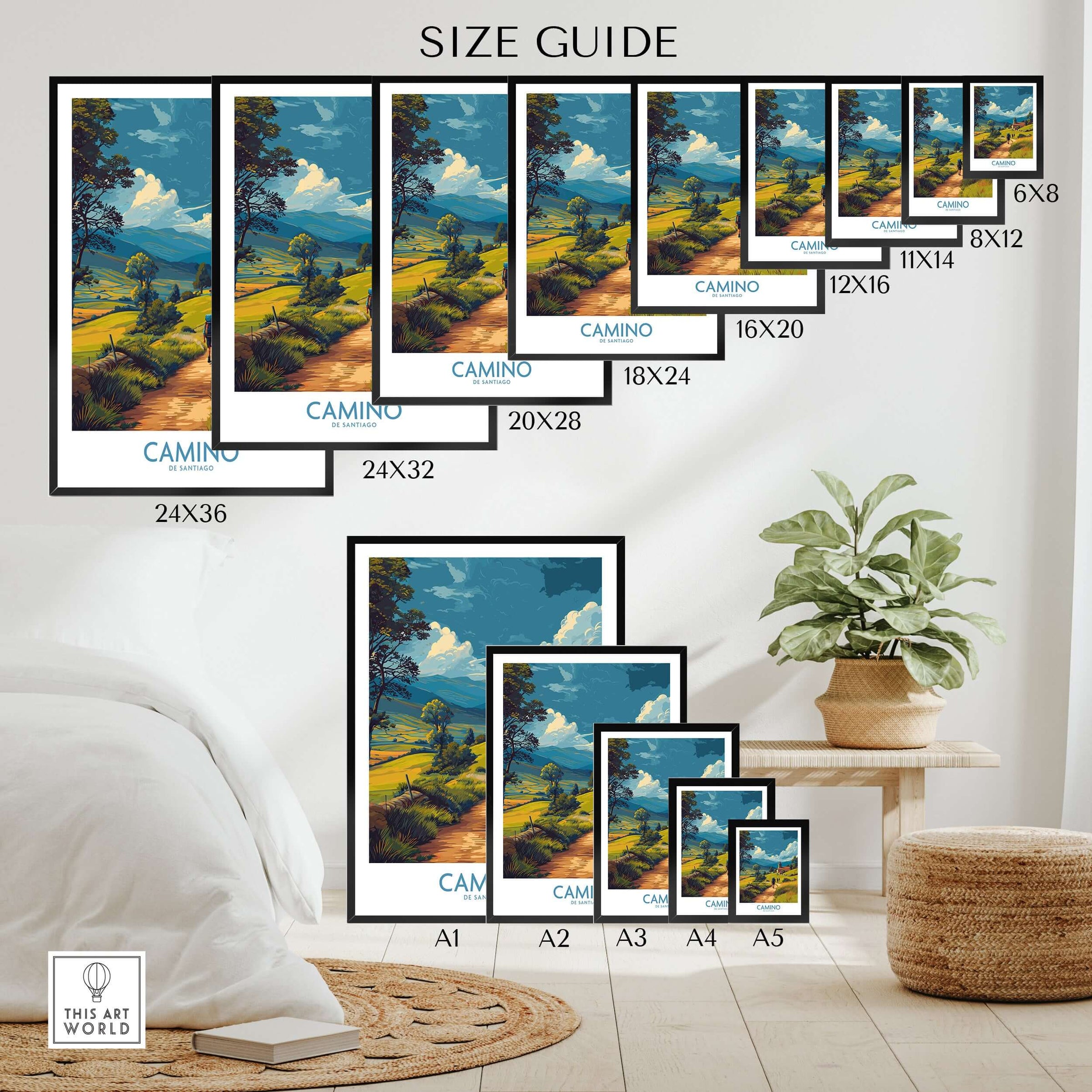 Camino de Santiago Rolling Hills Church Art Print | Green Landscape Poster size guide with various frame dimensions.