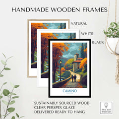Handmade wooden frames for Camino de Santiago Autumn Path Art Print | Pilgrim Trail Travel Poster, available in natural, white, black.