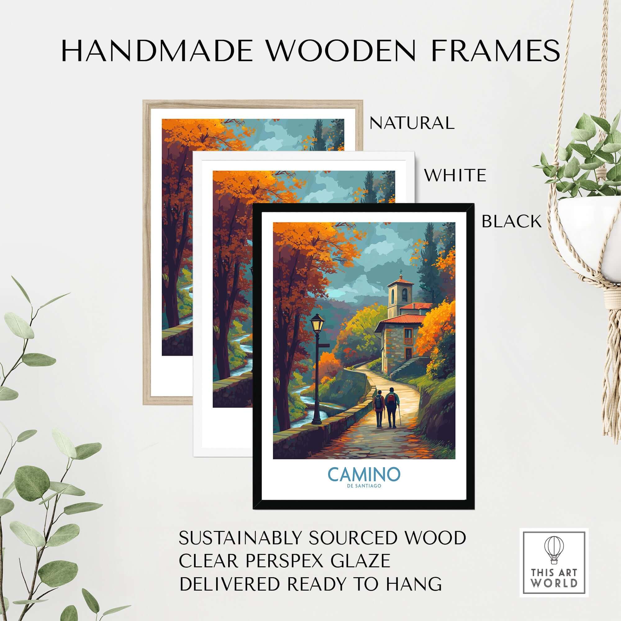 Handmade wooden frames for Camino de Santiago Autumn Path Art Print | Pilgrim Trail Travel Poster, available in natural, white, black.