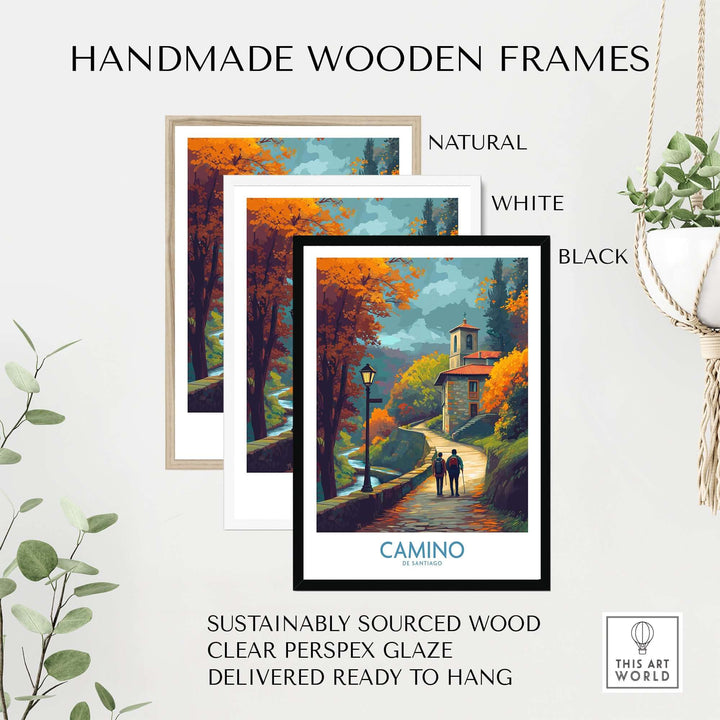 Camino de Santiago Autumn Path Art Print | Pilgrim Trail Travel Poster in handmade wooden frames, displaying beautiful autumn colors.