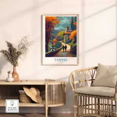 Camino de Santiago Autumn Path Art Print | Pilgrim Trail Travel Poster showcased in a cozy living space.