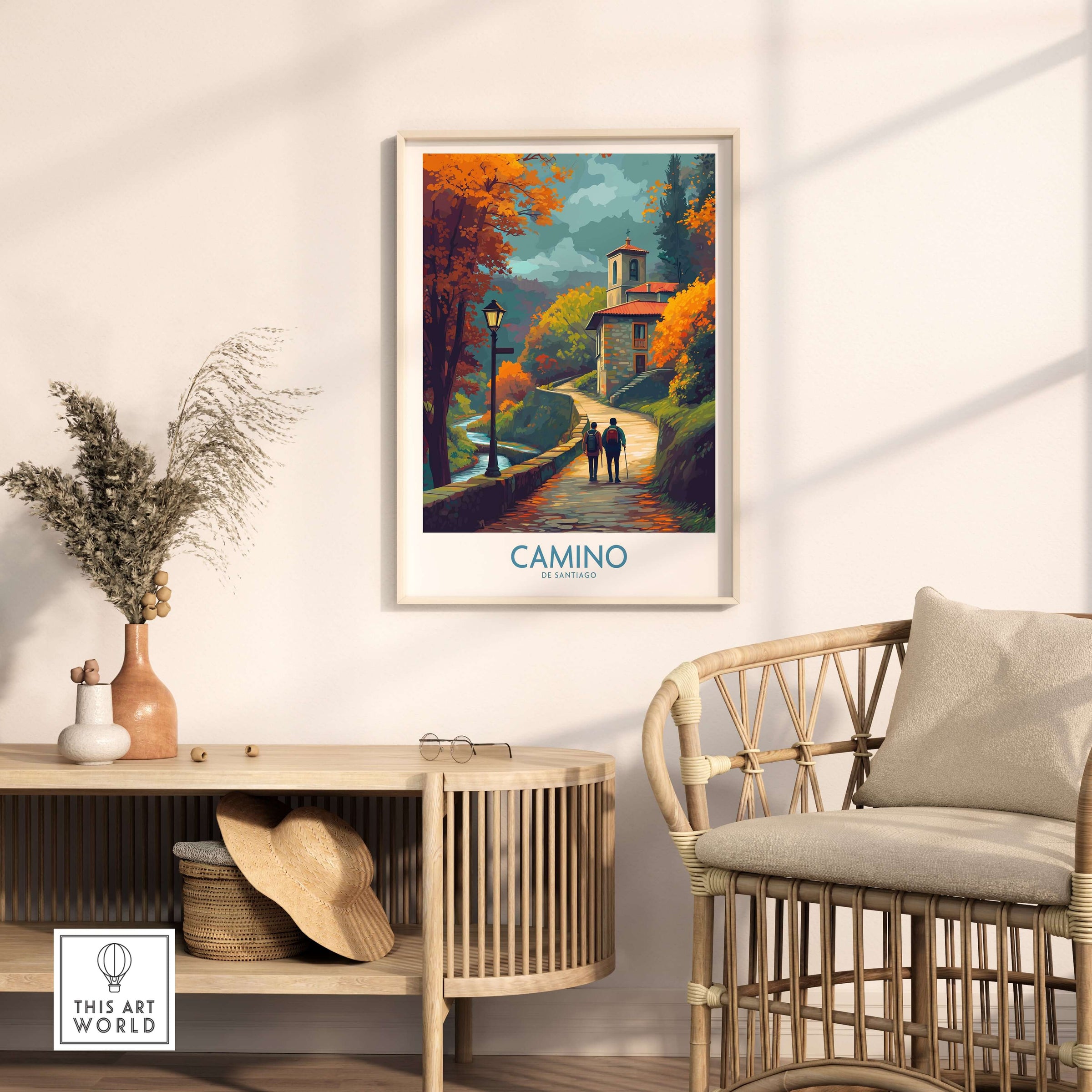 Camino de Santiago Autumn Path Art Print | Pilgrim Trail Travel Poster showcased in a cozy living space.