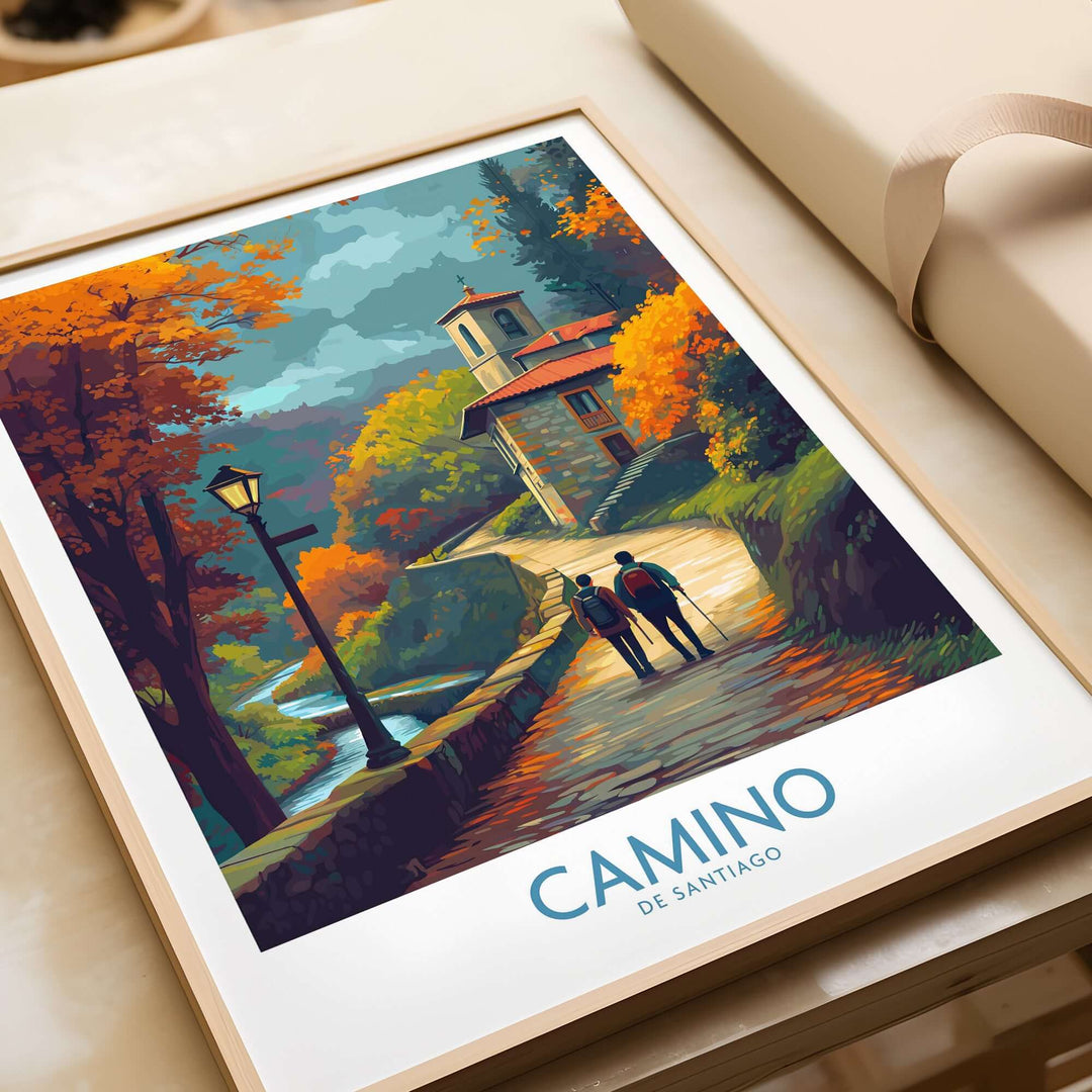 Camino de Santiago Autumn Path Art Print | Pilgrim Trail Travel Poster in vibrant autumn colors with pilgrims walking