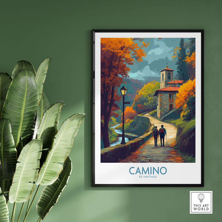 Camino de Santiago Autumn Path Art Print | Pilgrim Trail Travel Poster featuring a vibrant autumn landscape and peaceful ambiance.