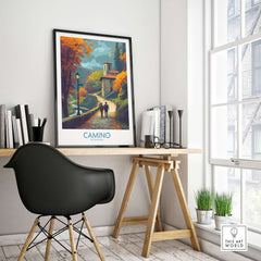 Camino de Santiago Autumn Path Art Print | Pilgrim Trail Travel Poster in a cozy indoor setting.