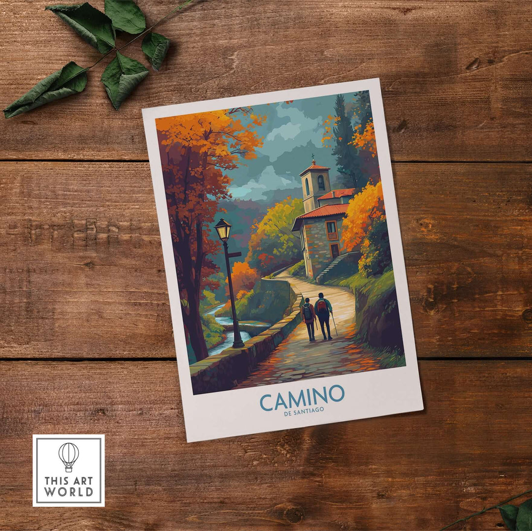 Camino de Santiago Autumn Path Art Print | Pilgrim Trail Travel Poster depicting a serene autumn scene with vibrant foliage.