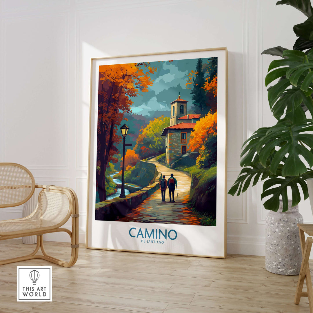 Camino de Santiago Autumn Path Art Print | Pilgrim Trail Travel Poster displayed in a modern home setting with autumn scenery.