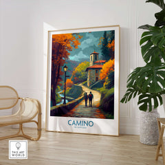 Camino de Santiago Autumn Path Art Print | Pilgrim Trail Travel Poster displayed in a cozy room with autumn foliage.