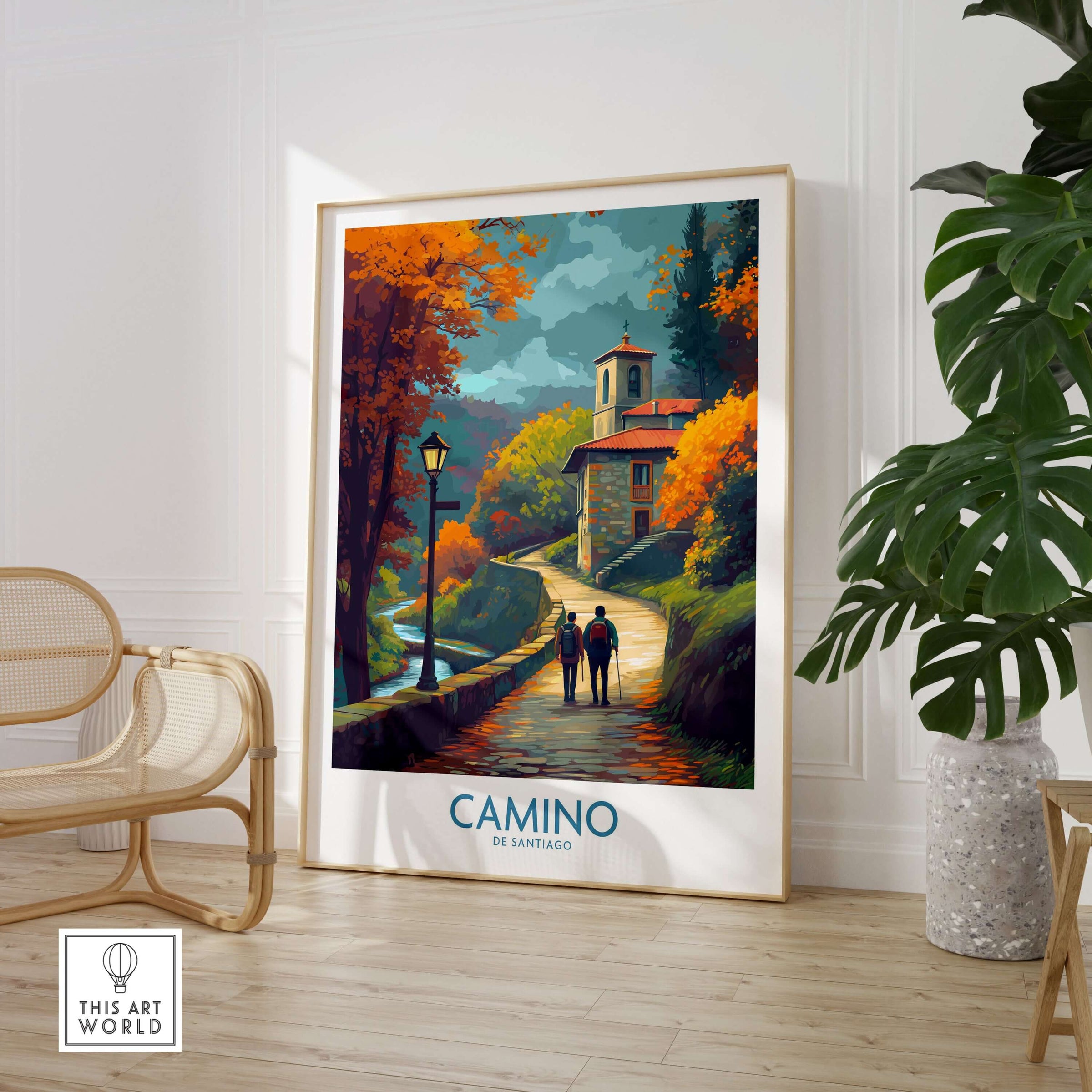 Camino de Santiago Autumn Path Art Print | Pilgrim Trail Travel Poster displayed in a cozy room with autumn foliage.