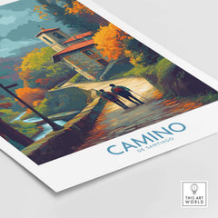 Camino de Santiago Autumn Path Art Print | Pilgrim Trail Travel Poster featuring a serene autumn landscape with pilgrims walking.