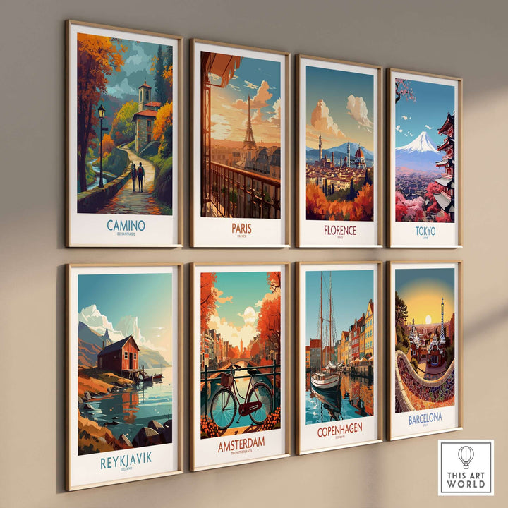 Camino de Santiago Autumn Path Art Print | Pilgrim Trail Travel Poster series displayed on a wall featuring vibrant travel destinations.