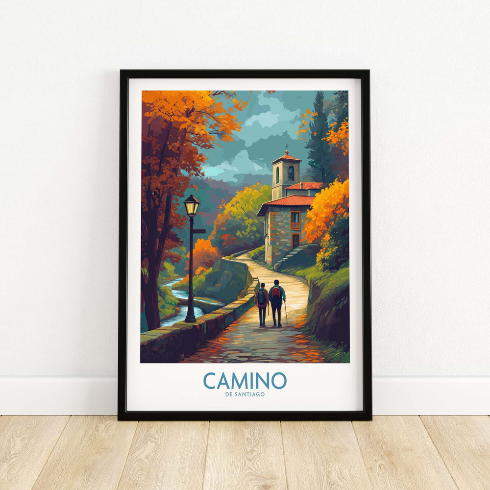 Camino de Santiago Autumn Path Art Print | Pilgrim Trail Travel Poster framed by colorful fall foliage with hikers on a serene trail