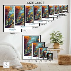Camino de Santiago Autumn Path Art Print | Pilgrim Trail Travel Poster size guide showing various print sizes.