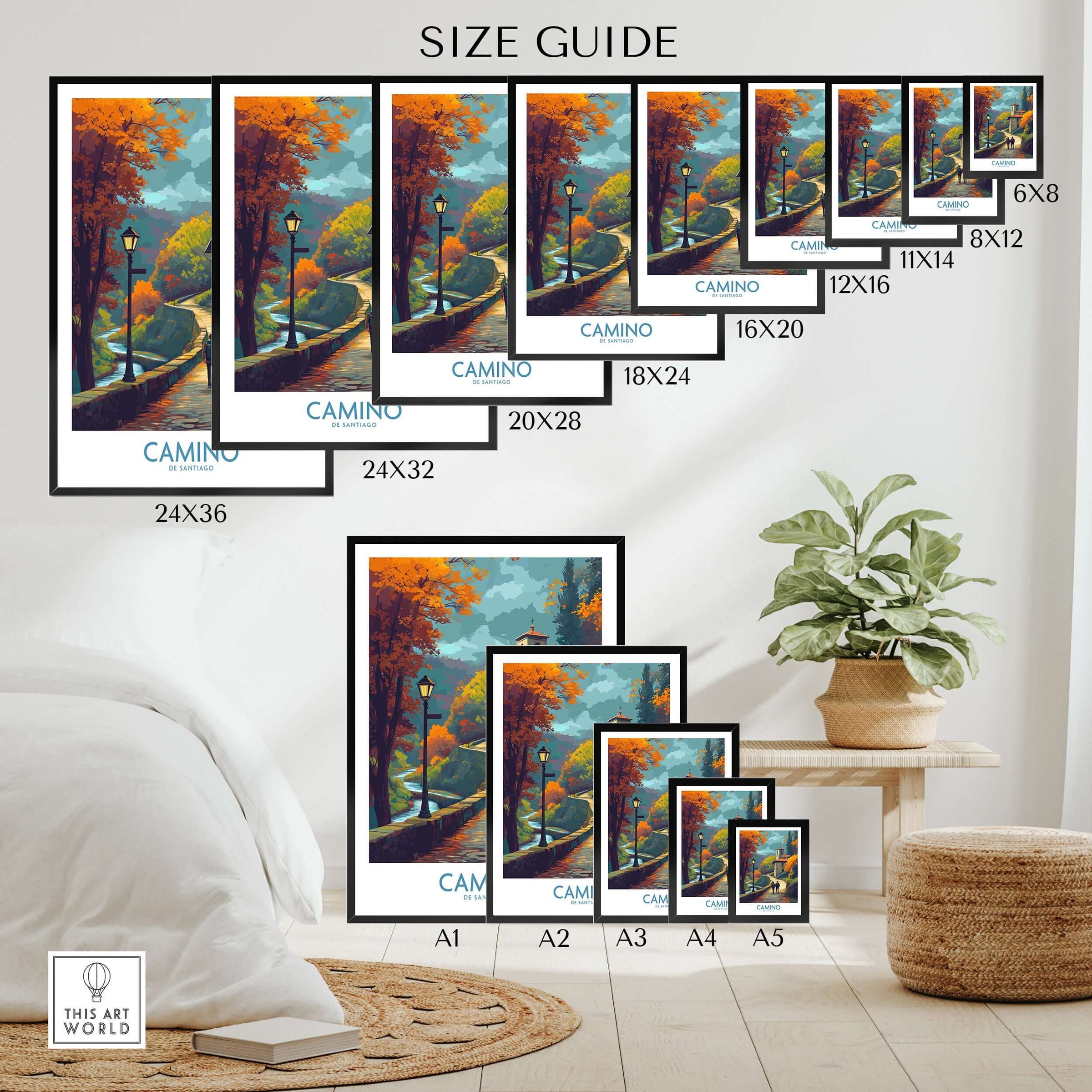 Camino de Santiago Autumn Path Art Print | Pilgrim Trail Travel Poster size guide showing various print sizes.