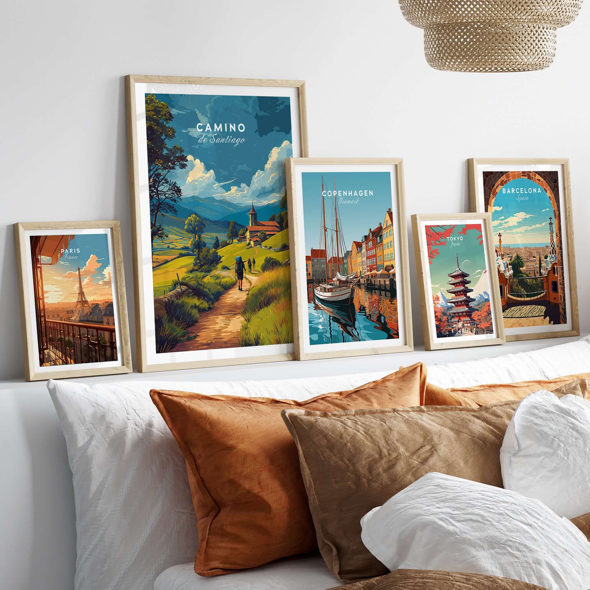 Camino de Santiago European Pilgrim's Trail Print | Hiking Route Wall Decor showcased in a stylish home setting.