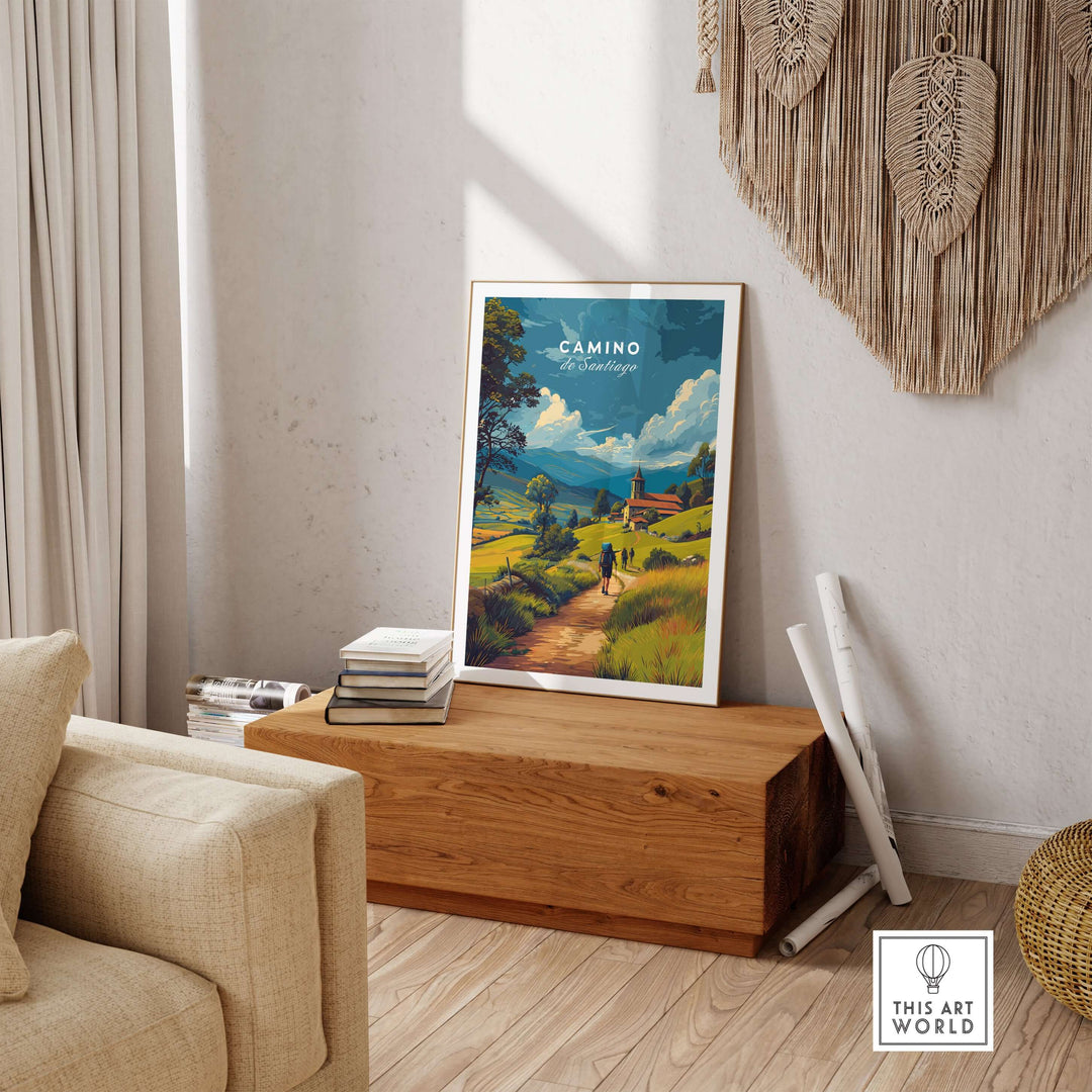 Camino de Santiago European Pilgrim's Trail Print | Hiking Route Wall Decor displayed in a cozy living room setting.