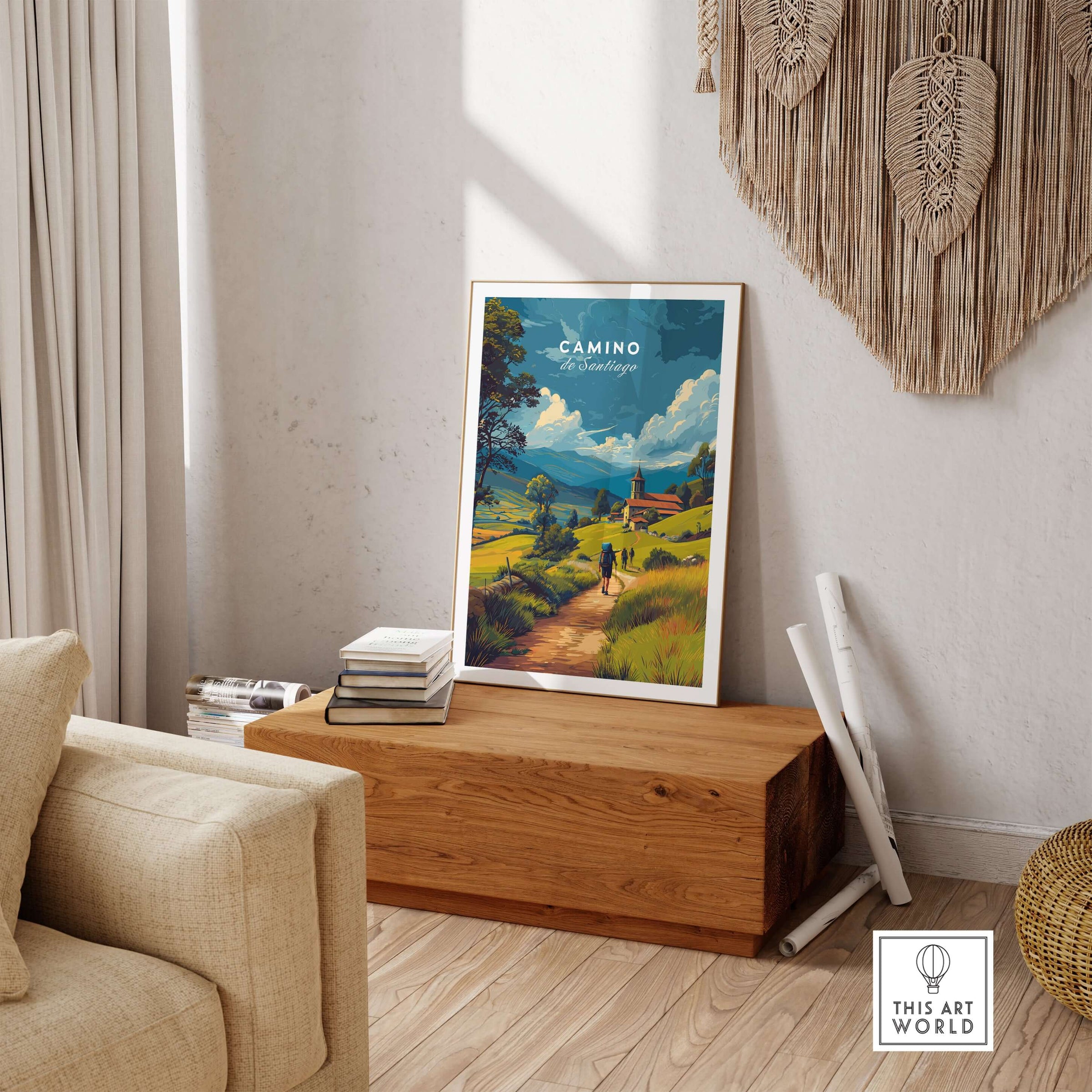 Camino de Santiago European Pilgrim's Trail Print | Hiking Route Wall Decor in a cozy living room setting.