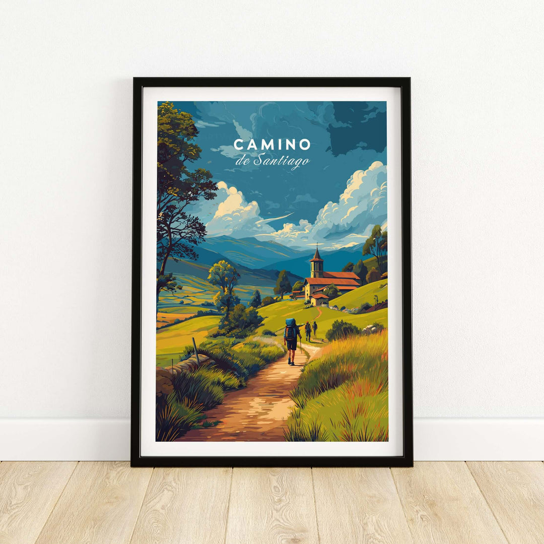 Camino de Santiago European Pilgrim's Trail Print | Hiking Route Wall Decor showcasing a scenic hiking path with a traveler.