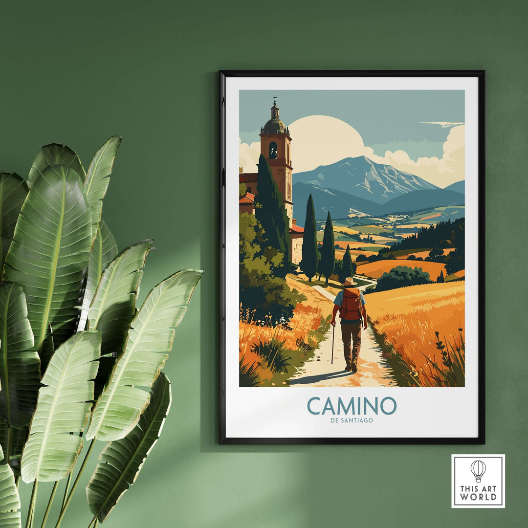 Camino de Santiago Golden Fields Art Print | Spanish Pilgrimage Poster showcased in a green room with plants.