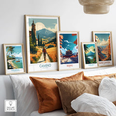 Camino de Santiago Golden Fields Art Print | Spanish Pilgrimage Poster displayed among travel-themed art prints.