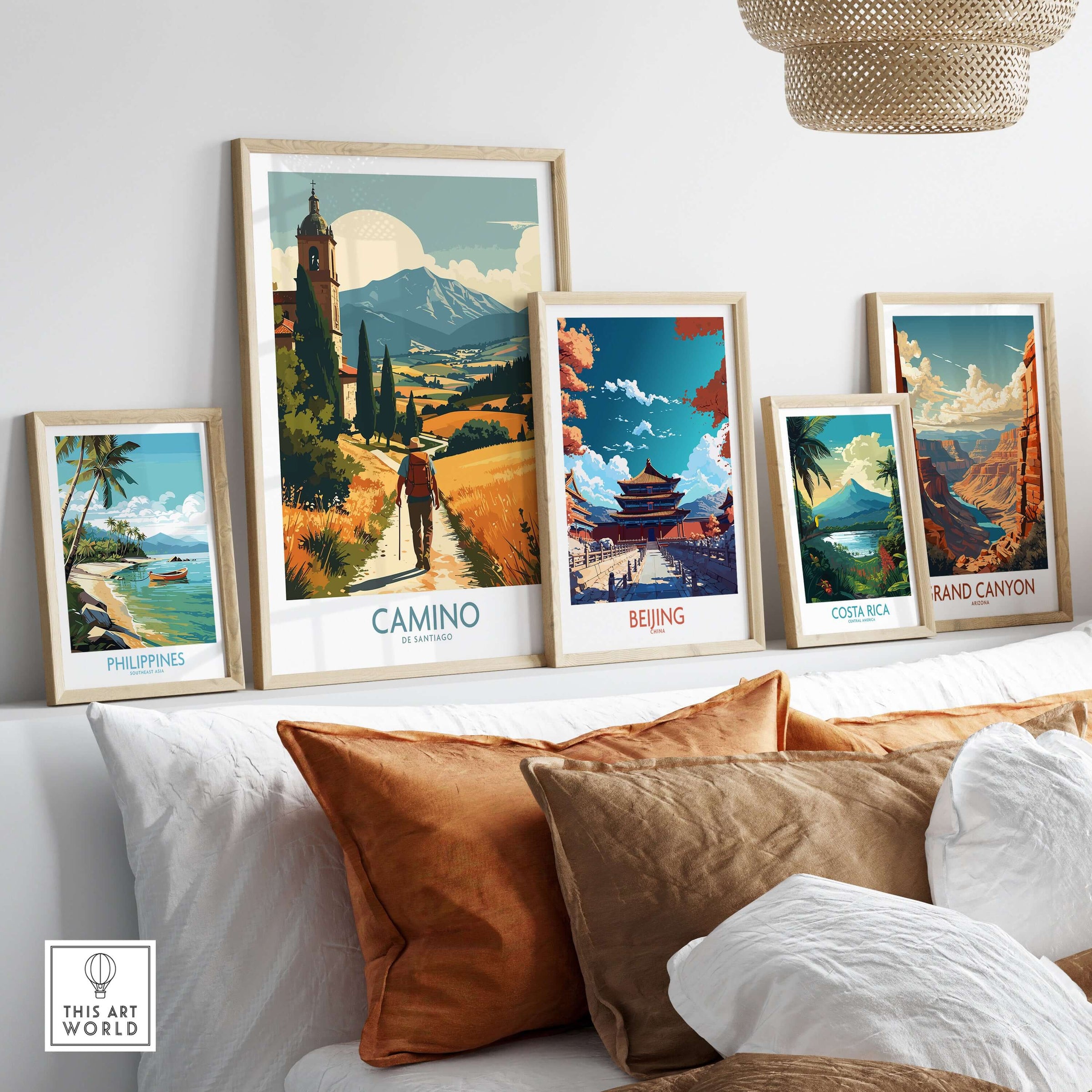Camino de Santiago Golden Fields Art Print | Spanish Pilgrimage Poster displayed among travel-themed art prints.