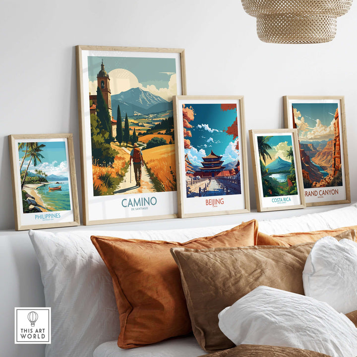 Camino de Santiago Golden Fields Art Print | Spanish Pilgrimage Poster displayed among various travel art prints