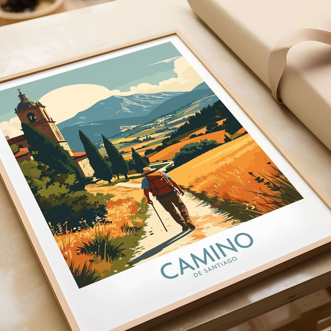 Camino de Santiago Golden Fields Art Print | Spanish Pilgrimage Poster featuring a pilgrim in a sunlit Spanish landscape.