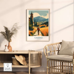 Camino de Santiago Golden Fields Art Print | Spanish Pilgrimage Poster displayed in a cozy living room setting.