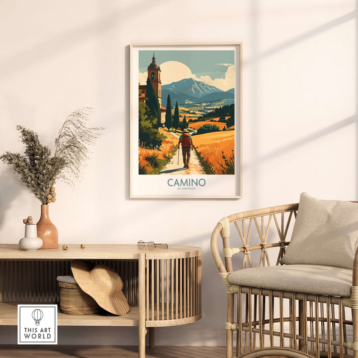 Camino de Santiago Golden Fields Art Print | Spanish Pilgrimage Poster displayed in a cozy living room setting.