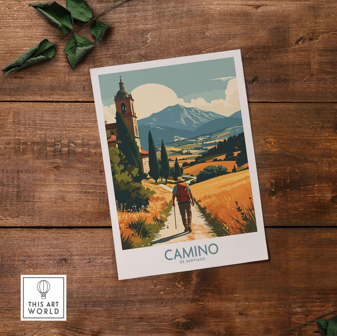 Camino de Santiago Golden Fields Art Print | Spanish Pilgrimage Poster showcasing a pilgrim on a sunlit Spanish landscape.