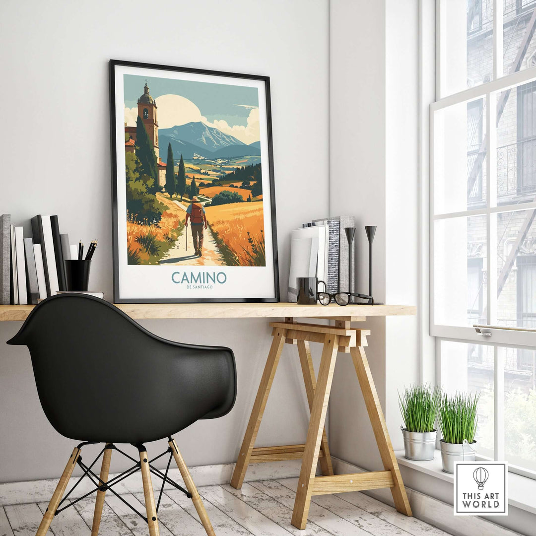 Camino de Santiago Golden Fields Art Print | Spanish Pilgrimage Poster displayed in a modern interior with a black chair.