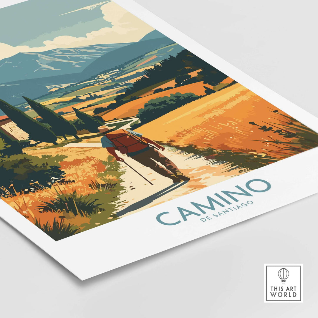 Camino de Santiago Golden Fields Art Print | Spanish Pilgrimage Poster featuring a hiker on a sunlit path