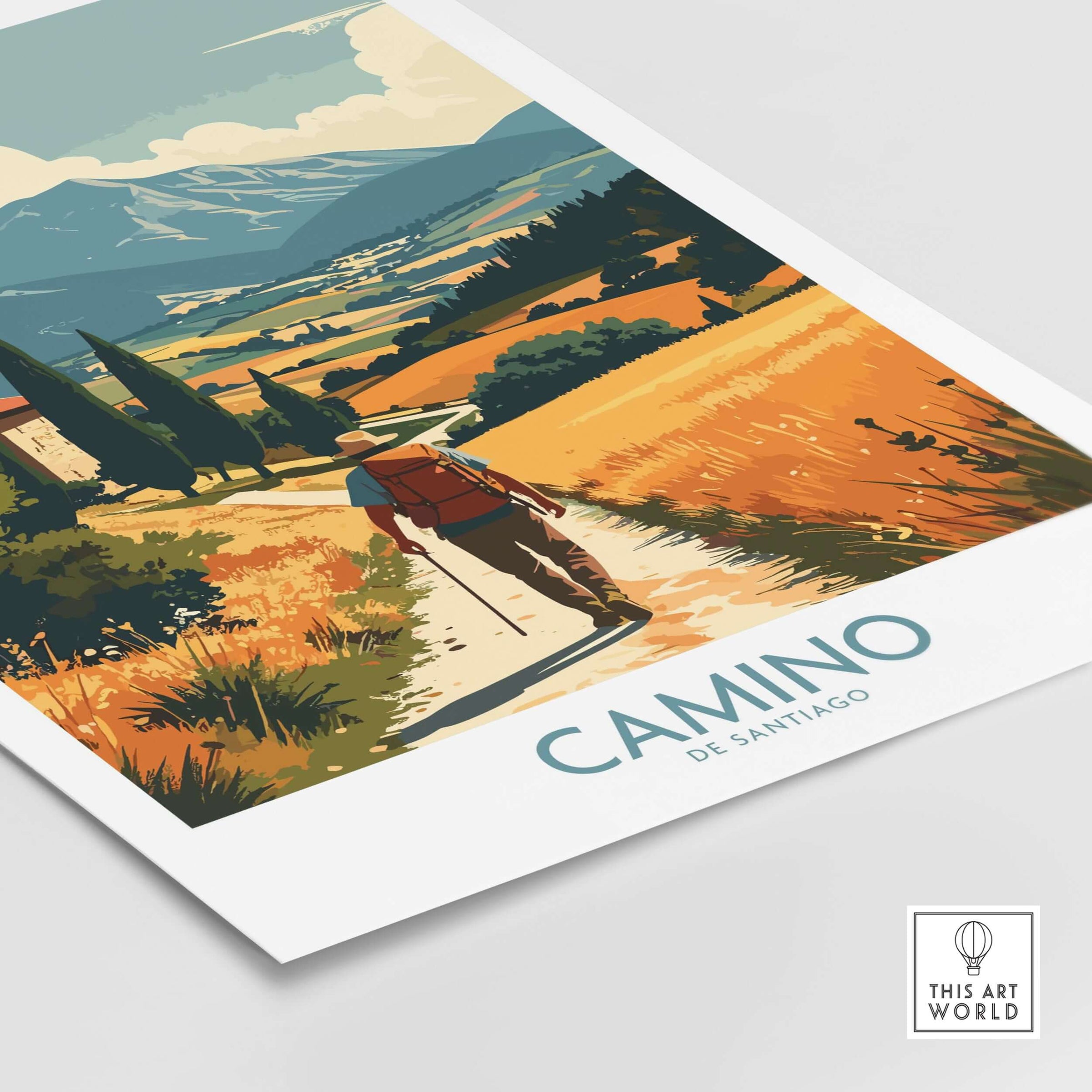 Camino de Santiago Golden Fields Art Print | Spanish Pilgrimage Poster featuring a traveler in sunlit Spanish landscapes.
