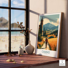 Camino de Santiago Golden Fields Art Print | Spanish Pilgrimage Poster displayed in a sunlit room with scenic landscape.