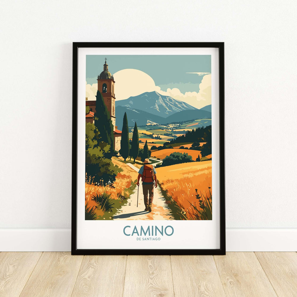 Camino de Santiago Golden Fields Art Print | Spanish Pilgrimage Poster featuring a pilgrim in a sunlit landscape.