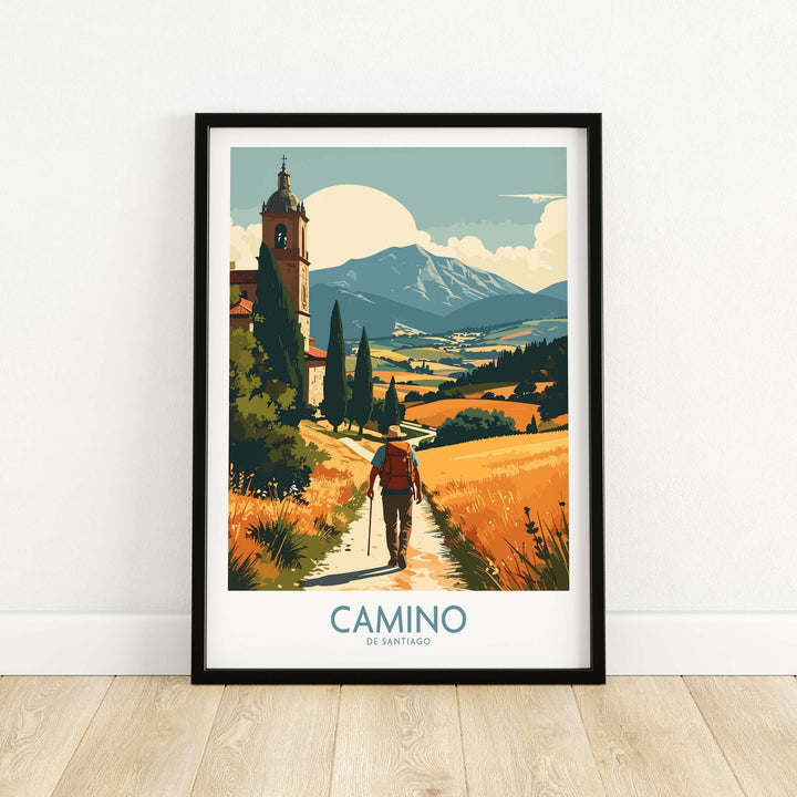 Camino de Santiago Golden Fields Art Print | Spanish Pilgrimage Poster featuring a pilgrim in a sunlit landscape.