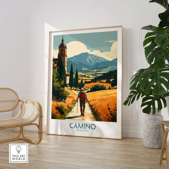 Camino de Santiago Golden Fields Art Print | Spanish Pilgrimage Poster featuring vibrant landscapes and pilgrims.